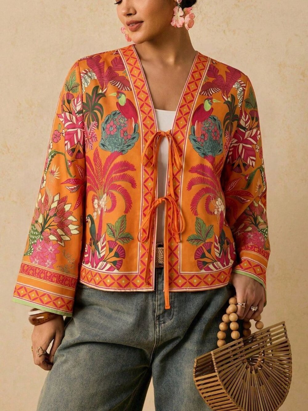 Orange Boho Women's Loose Knot V Neck Plant Print Regular Top